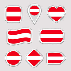 Austria flag stickers set. Austrian national symbols badges. Isolated geometric icons. Vector official flags collection. Sport pages, patriotic, travel, school, design elements. Different shapes.