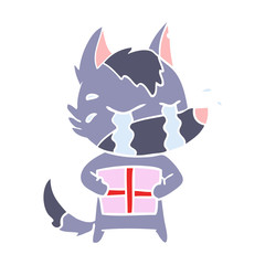 flat color style cartoon crying wolf with christmas present