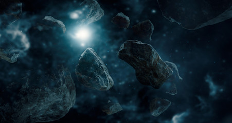 Meteorites in deep space planets. Asteroids in distant solar system. Science fiction concept.