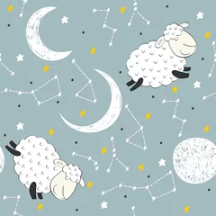 Vlies Fototapete Kosmos Nahtloses Muster mit lustigen Schafen und Mond. Träum süß.