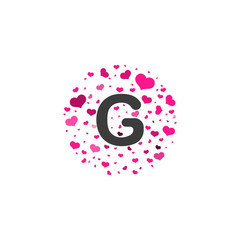 G Letter logo design with pink hearts, valentine day concept