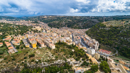 Fototapeta na wymiar Aerial view. Modica is a city and comune in the Province of Ragusa, Sicily, southern Italy.