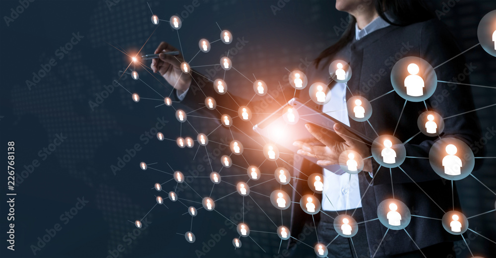 Poster Business woman drawing global structure networking and data exchanges customer connection on dark background symbol