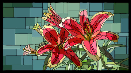 Vector stained glass window with blooming red lilies with buds.