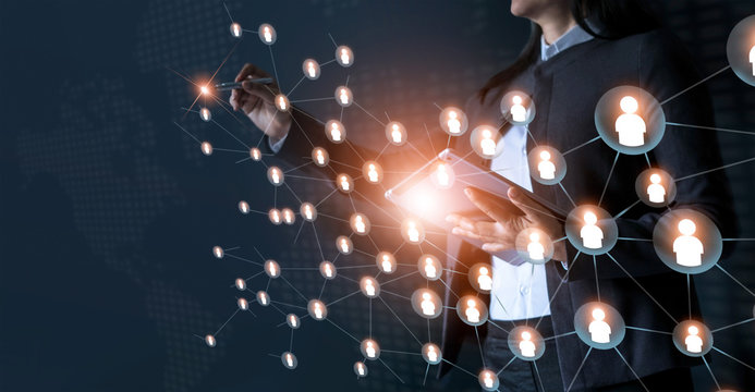Business woman drawing global structure networking and data exchanges customer connection on dark background symbol
