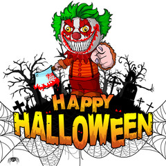 Happy Halloween Design template with evil clown on white isolated background. Vector illustration.