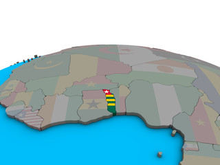 Togo with embedded national flag on political 3D globe.