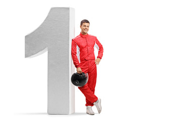 Racer leaning against number one