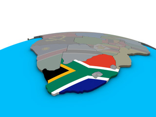 South Africa with embedded national flag on political 3D globe.