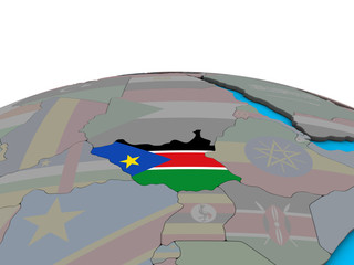 South Sudan with embedded national flag on political 3D globe.