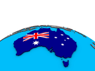 Australia with embedded national flag on political 3D globe.