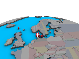 Denmark with embedded national flag on political 3D globe.