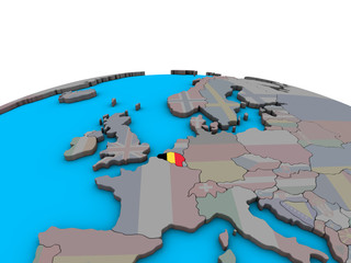 Belgium with embedded national flag on political 3D globe.