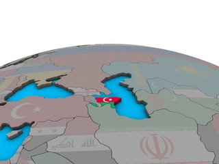 Azerbaijan with embedded national flag on political 3D globe.
