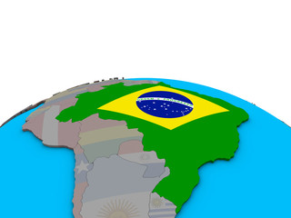 Brazil with embedded national flag on political 3D globe.