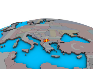 Macedonia with embedded national flag on political 3D globe.