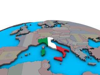 Italy with embedded national flag on political 3D globe.