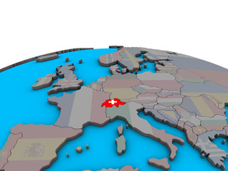 Switzerland with embedded national flag on political 3D globe.
