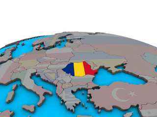 Romania with embedded national flag on political 3D globe.