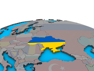 Ukraine with embedded national flag on political 3D globe.