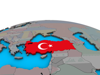 Turkey with embedded national flag on political 3D globe.