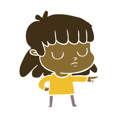 flat color style cartoon indifferent woman;pointing