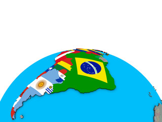 Latin America with embedded national flags on political 3D globe.