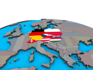 Central Europe with embedded national flags on political 3D globe.