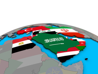 Middle East with embedded national flags on political 3D globe.