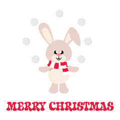 winter cartoon cute bunny with snowball and christmas text