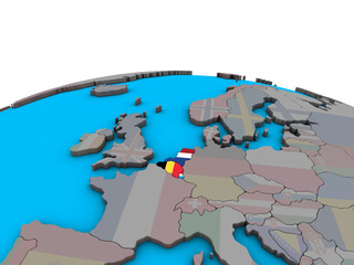 Benelux Union with embedded national flags on political 3D globe.
