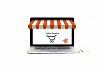 Online shopping concept. Open laptop store with icon buy, payment and business marketing. Digital...