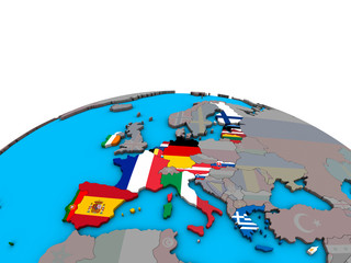 Eurozone member states with embedded national flags on political 3D globe.