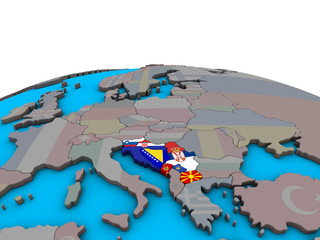 Former Yugoslavia with embedded national flags on political 3D globe.