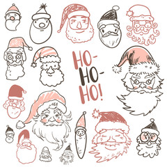 Funny doodle Santa face holiday icons collection. Hand kids draw
