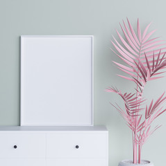 Mock up poster frame with pastel pink plant in interior background, 3d render