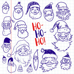 Funny doodle Santa face holiday icons collection. Hand kids draw