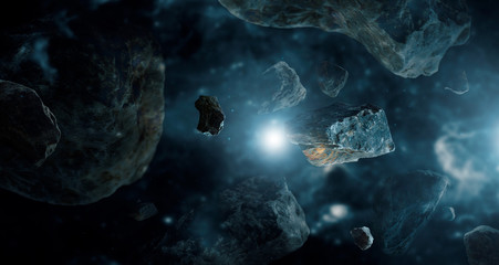 Fototapeta na wymiar Meteorites in deep space planets. Asteroids in distant solar system. Science fiction concept.