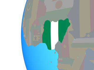 Nigeria with embedded national flag on blue political globe.