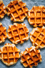 Belgian gluten free waffles background. Flat lay, top view