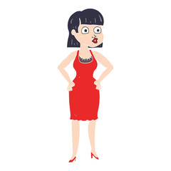 flat color illustration of a cartoon woman in dress with hands on hips