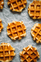 Belgian gluten free waffles background. Flat lay, top view
