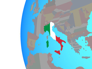 Italy with embedded national flag on blue political globe.