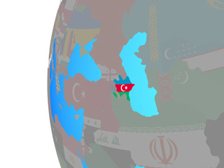 Azerbaijan with embedded national flag on blue political globe.