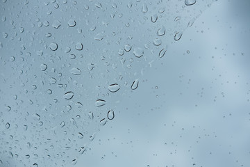 Difference size of raindrops on glass window of car with cloudy sky in the background