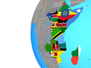 East Africa with embedded national flags on blue political globe.