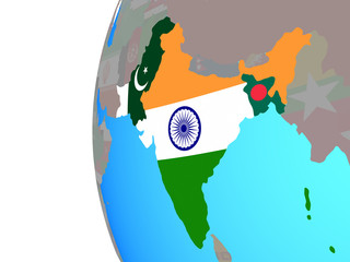British India with embedded national flags on blue political globe.
