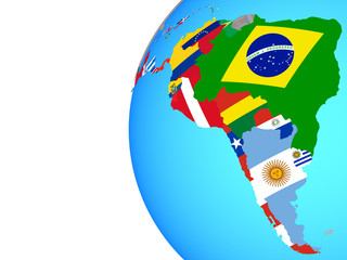Latin America with embedded national flags on blue political globe.