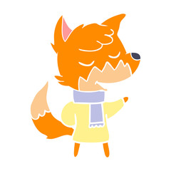 friendly flat color style cartoon fox in winter clothes