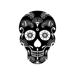 Vector black sugar skull with doodle floral pattern on white background. Illustration for Day of the Dead